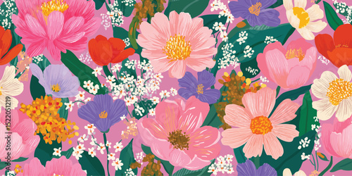 Vibrant Maximalist Spring Garden Floral Seamless Pattern. Bold Contemporary Bloom Repeat Background for Wallpaper, Textiles, and Decor