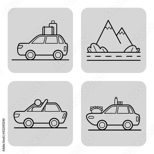 Collection of line icons depicting cars with luggage, scenic mountains, and joyful travelers. Spirit of road trips and adventures in nature concept