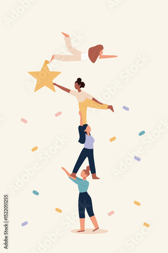 Women teamwork, good collaboration, strong partnership can help create strength to reach goal and target, women colleague do pyramid acrobat to support others to reach star, prize and win competition.