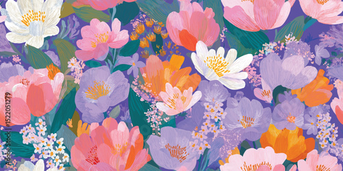 Vibrant Maximalist Spring Garden Floral Seamless Pattern. Bold Contemporary Bloom Repeat Background for Wallpaper, Textiles, and Decor