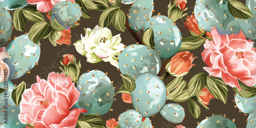 Vibrant Modern Cactus Flowers Seamless Pattern. Bold Prickly Pear and Desert Bloom Repeat Background for Fashion, Textiles, and Trendy Decor