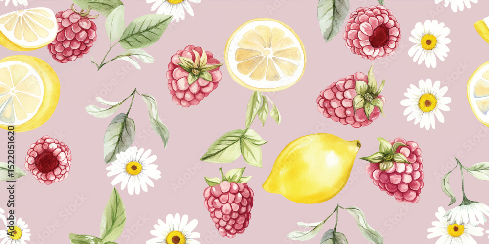 Sweet Pink Lemonade, Raspberries, and Daisies Seamless Pattern. Watercolor Fruit and Floral Repeat Background for Summer Decor and Beverages Sweet Pink Lemonade, Raspberries, and Daisies Seamless Pattern. Watercolor Fruit and Floral Repeat Background for Summer Decor and Beverages