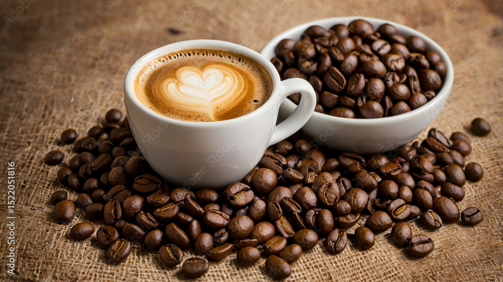 Coffee cup and coffee beans. Copy space image. Place for adding text or design Coffee cup and coffee beans. Copy space image. Place for adding text or design