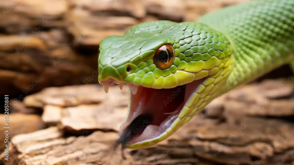 Green Snake with Open Mouth on Brown Bark Green Snake with Open Mouth on Brown Bark