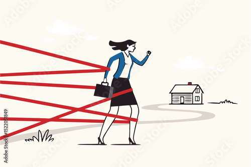 Gender barrier, woman career obstacle or inequality, limitation or discrimination, effort to overcome difficulty concept, strong businesswoman try with full effort to break red tape to growing in work