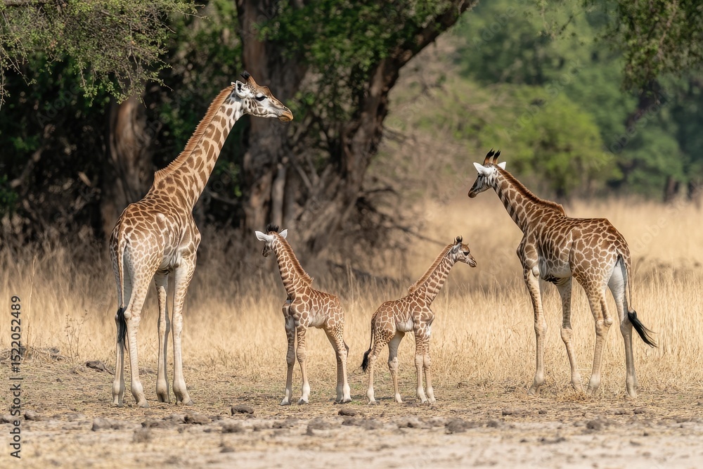 Obraz premium Giraffe family explores savannah for food under the warm sun, A giraffe family searches for food in the savannah