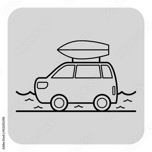 Vehicle equipped with canoe on its roof parked near body of water. Sun shining brightly, reflecting off waters surface, suggesting perfect day for adventure