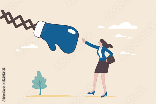 Woman power or feminism challenge, career competitive or gender equality concept, strong businesswoman executive wearing boxing glove fighting with big fist.