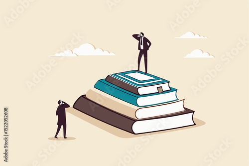Education inequity, academic degree or institution bias, imbalance or chance or access to knowledge, school dropout concept, success young man on top of stack of textbooks look at other on the floor.