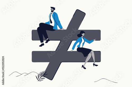 Gender inequality, unequal discrimination on lady or woman such as career, work or social rights issue concept, unequal or not equal sign with businessman on top level and businesswoman on lower level