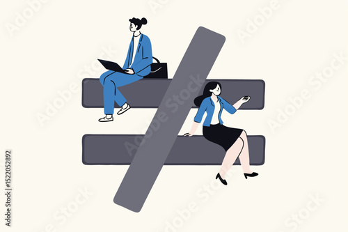 Gender inequality, unequal discrimination on lady or woman such as career, work or social rights issue concept, unequal or not equal sign with businessman on top level and businesswoman on lower level