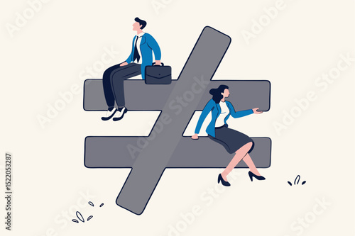 Gender inequality, unequal discrimination on lady or woman such as career, work or social rights issue concept, unequal or not equal sign with businessman on top level and businesswoman on lower level