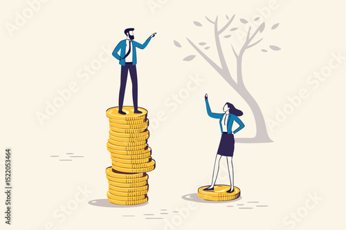Economic inequality, rich and poor gap, unfairness income, different money people being paid concept, white rich businessman standing on high salary coins tower with poor black man on low coins stack.