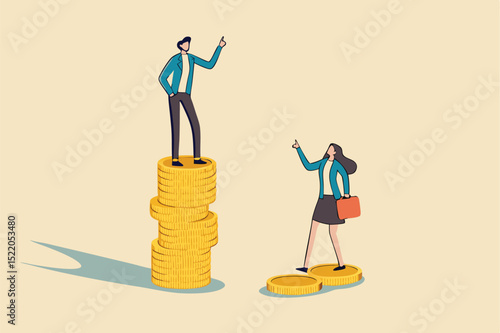 Economic inequality, rich and poor gap, unfairness income, different money people being paid concept, white rich businessman standing on high salary coins tower with poor black man on low coins stack.