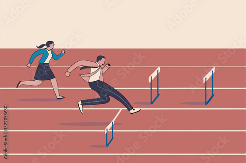 Gender inequality woman or female discrimination, unfair opportunity or unequal, obstacle or difficulty for woman leadership concept, businesswoman compete with men with more difficulty hurdles.