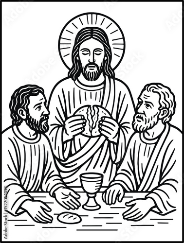Emmaus - Vector illustration of Jesus Christ and disciples at Emmaus - Black and white drawing of Jesus at Emmaus