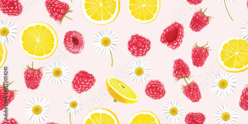 Vibrant Summer Raspberry, Lemon, and Daisy Seamless Pattern. Fresh Fruit and Floral Repeat Background for Food Packaging and Beverages