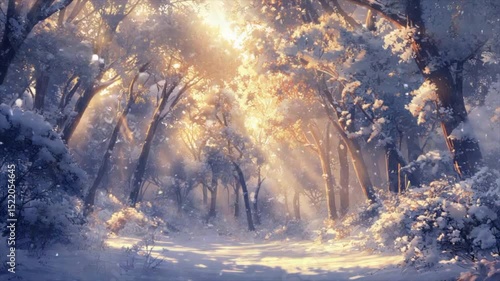 A beautiful winter forest, with tall trees covered in snow and sunlight shining through the branches