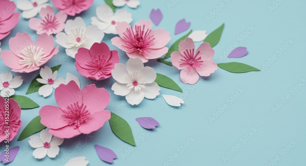 Fototapeta premium Paper Flowers Spring Blossom Design - Lovely pink and white paper flowers arranged on a light blue background. Perfect for spring themes