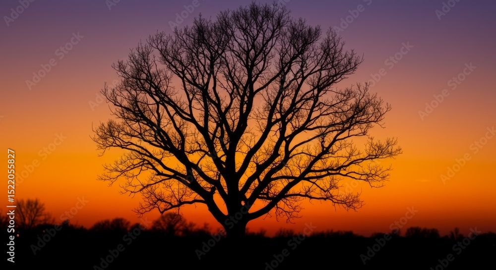 Fototapeta premium Sunset Silhouette Tree - A majestic tree silhouetted against a vibrant sunset sky, showcasing warm orange and purple hues