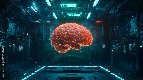 Glowing Digital Brain In Futuristic Tech Room