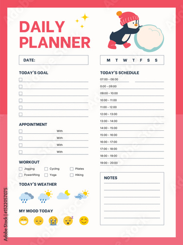 A daily planner with a penguin on it. The penguin is holding a snowball. The planner is pink and white