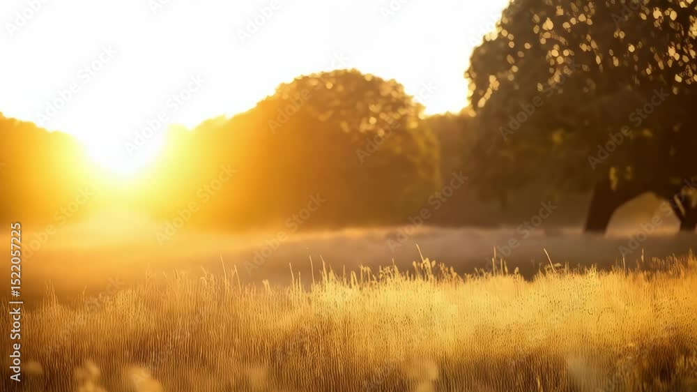 Golden hour illuminates a meadow of tall grass with trees in the hazy background, creating a tranquil and natural scene. Golden hour illuminates a meadow of tall grass with trees in the hazy background, creating a tranquil and natural scene.