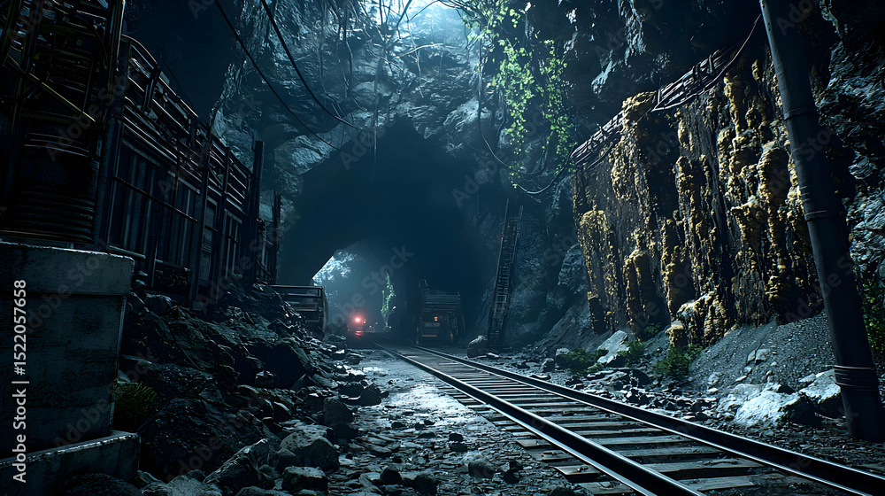 Naklejka premium Pixelated Night Train Tunnel Through Abandoned City