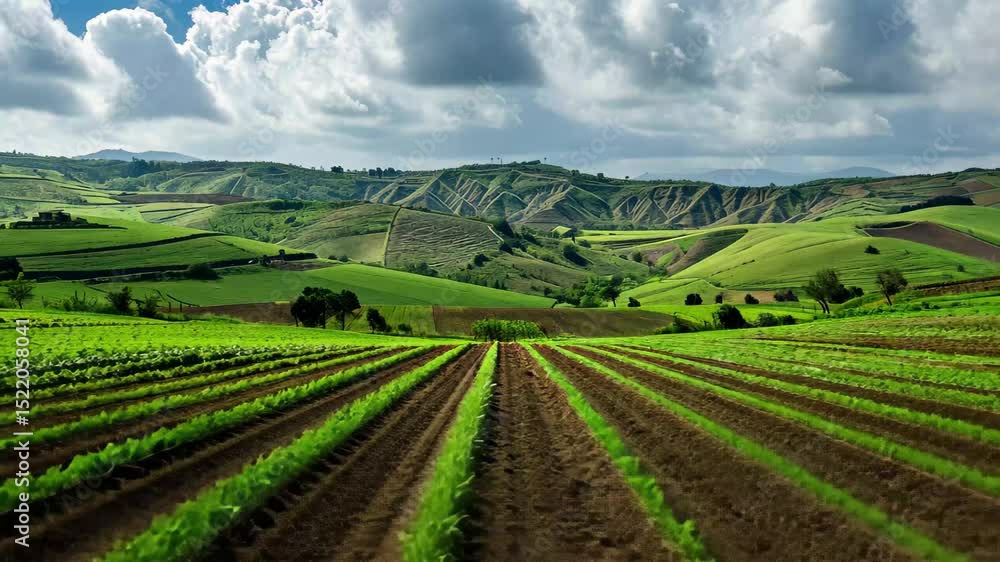 Breathtaking panoramic view of lush agricultural fields under a bright blue sky with fluffy clouds, showcasing rows of green crops in a serene landscape during a sunny day Breathtaking panoramic view of lush agricultural fields under a bright blue sky with fluffy clouds, showcasing rows of green crops in a serene landscape during a sunny day