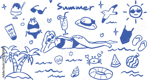 手描きのかわいい水着や海や貝殻など夏テーマ素材