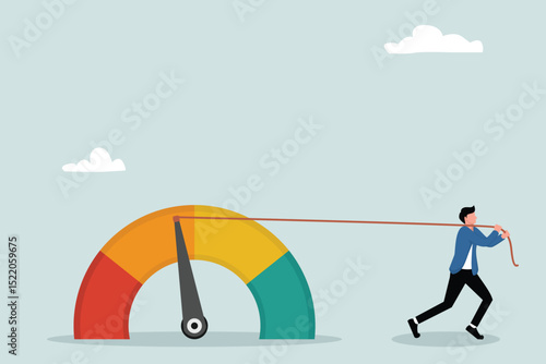 Pull skill level, credit score or performance improvement, improvement or effort to be better, excellent customer feedback review, measuring scale rating concept, businessman pulling skill performance