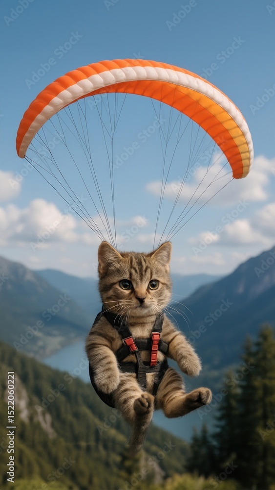 Obraz premium Cat parachuting over mountains.