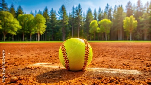 Softball on pitcher's mound with bright fluorescent day-glo yellow ball against red dirt field grass and trees in background