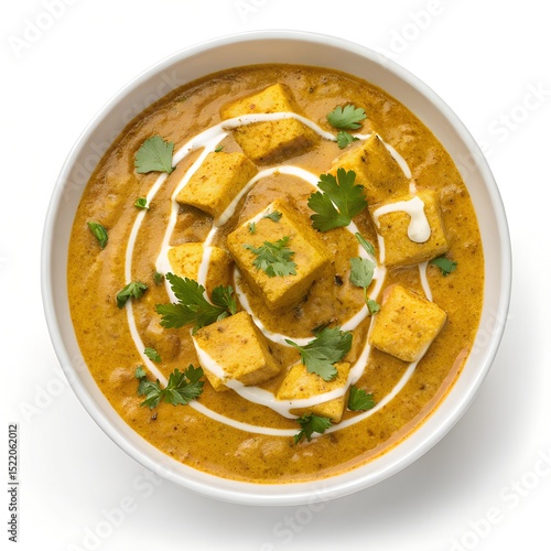 Delicious Indian Paneer Korma in a white bowl top down view