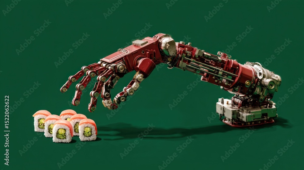 Naklejka premium Multi-arm robot assembling sushi rolls on solid deep green background vivid contrast and detailed grip mechanics highlighted