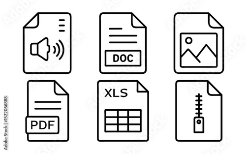 File Type Icons Set ,PDF, DOC, XLS, ZIP, Image, Audio And Minimal Outline Style Document Symbols


