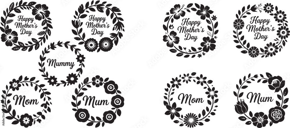 Fototapeta premium Mother’s Day Wreath Mega Bundle with Floral Silhouettes and “Mom,” “Mum,” “Mummy” Text – Decorative Vector Set