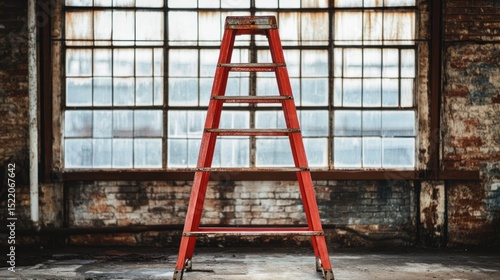 A red wooden ladder stands before a grimy window frame