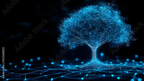 Digital Glowing Tree With Blue Particles On Dark Background