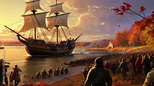 A historic representation of the Mayflower arriving at Plymouth Harbor, showcasing early settlers meeting the ship against a vibrant sunset backdrop