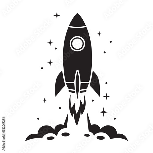 Black Silhouette Rocket Launch with Stars - Space Exploration Vector Icon