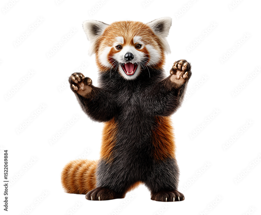 Fototapeta premium Cute red panda standing on its hind legs with adorable expression against a white background