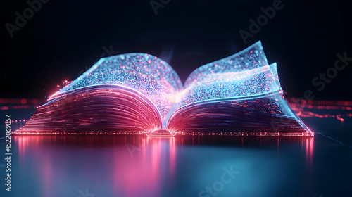 Glowing Digital Open Book With Pink And Blue Light