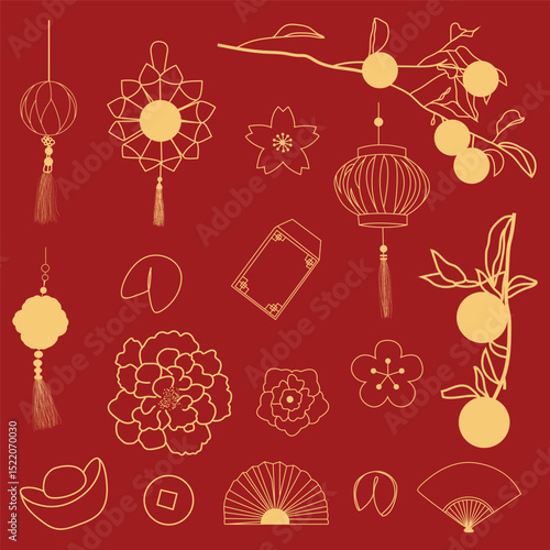 Chinese New Year Icons vector set, lamp isolated icons of Asian Lunar New Year holiday decoration vector. EPS10. Vector illustration