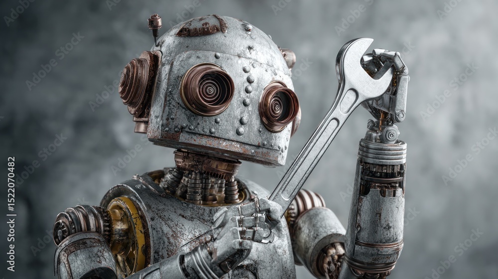 Fototapeta premium Robot with hydraulic arms holding a chrome wrench in front of a graphite backdrop