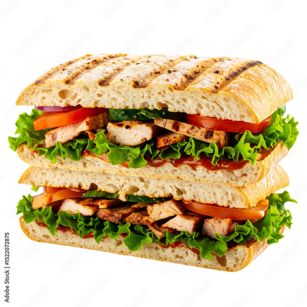 Half-Cut Ciabatta Sandwich Showing Layers – 3/4 Angle Transparent PNG Half-Cut Ciabatta Sandwich Showing Layers – 3/4 Angle Transparent PNG