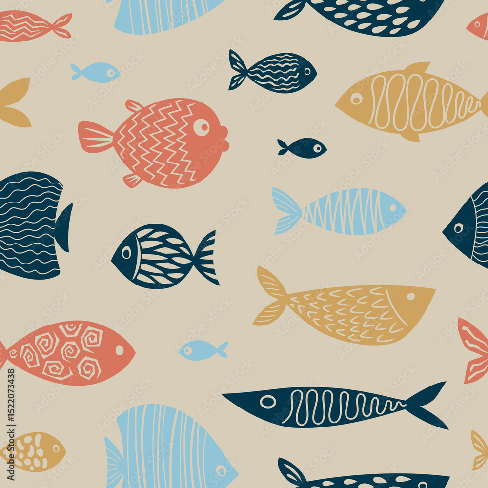 Seamless pattern of colorful fishes. Various abstract fishes swimming. Vector illustration..eps Seamless pattern of colorful fishes. Various abstract fishes swimming. Vector illustration..eps