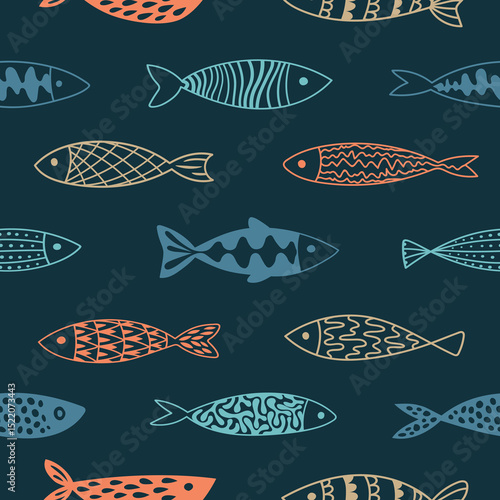 Seamless pattern of hand drawn fish. For menus, signs, promotions, cards. Vector illustration..eps