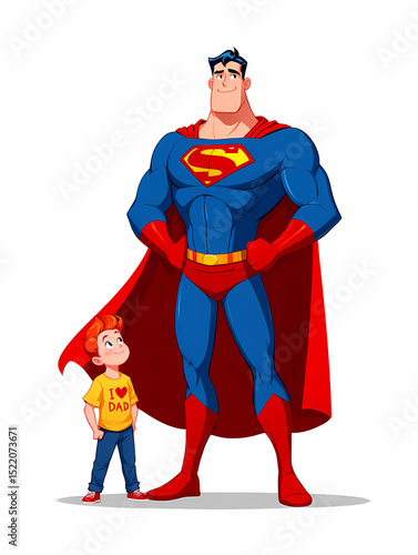 A proud superman stands tall, his son looking up, isolated on white background