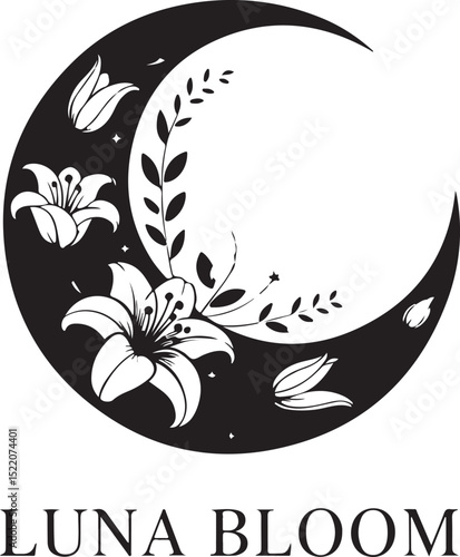 "LUNA BLOOM Crescent Moon Logo Design – Elegant Black and White Floral Moon Silhouette with Lilies and Leaves for Celestial Branding, Feminine Business Identity, and Botanical Decor"

